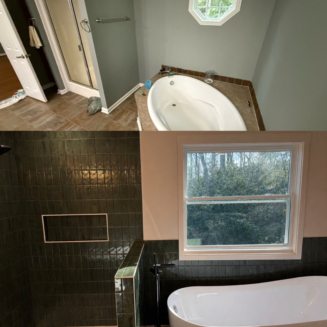 Before and after of a dated brown tile master bath transformed into a forest green tile retreat in Upstate SC